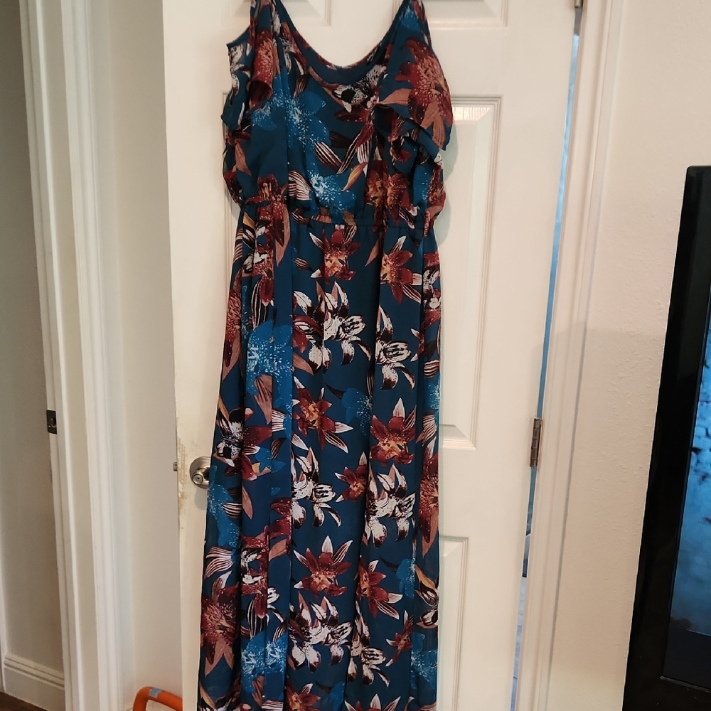 Teal Floral Maxi Dress with Ruffle Sleeves